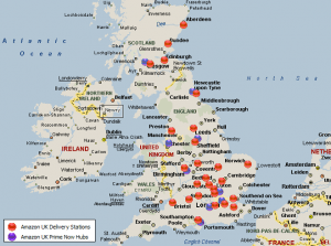 Amazon operates 174, distribution and delivery centers in the UK and EU.